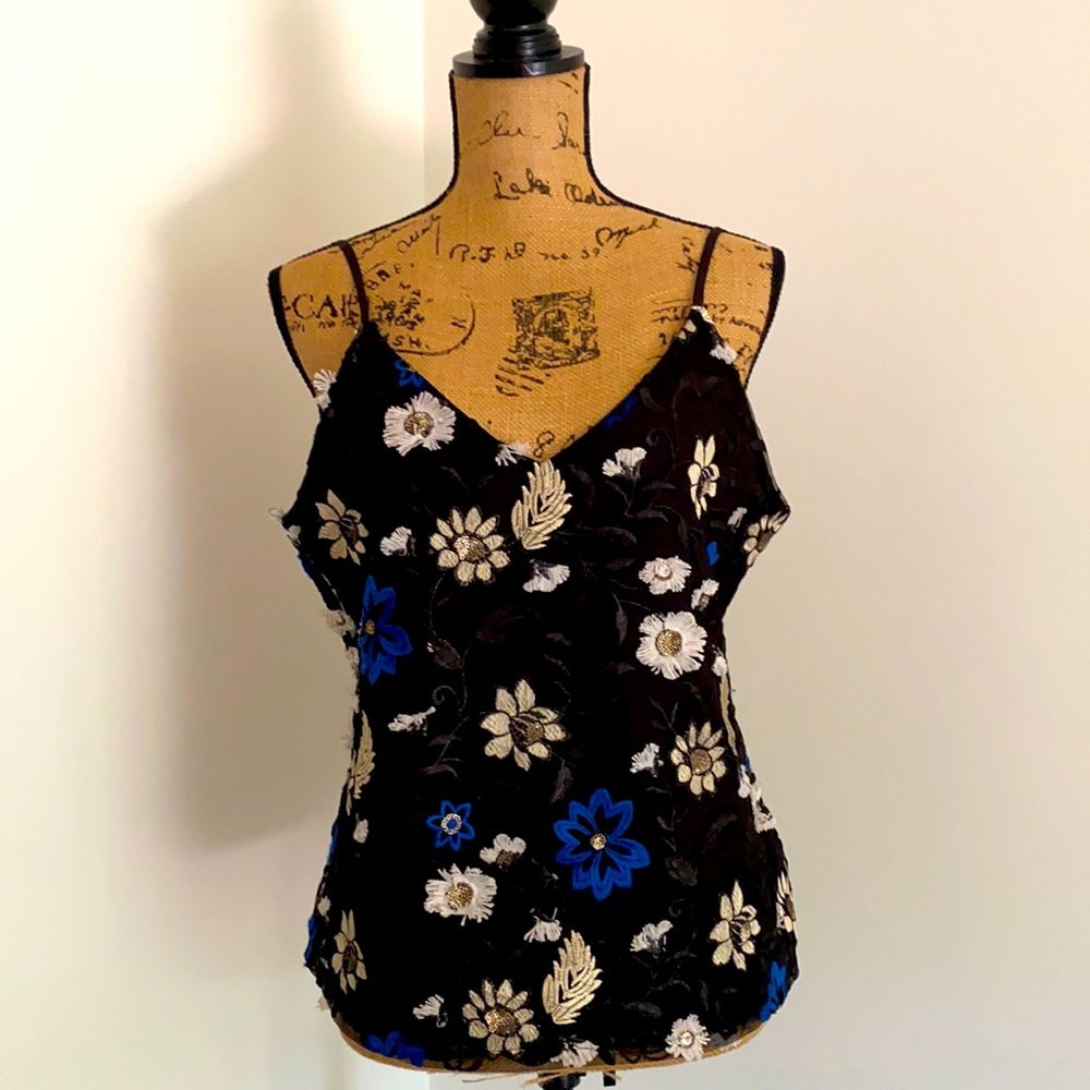 Miss Me Tank Top Cami Spaghetti Straps Lined Black White Floral Womens M
